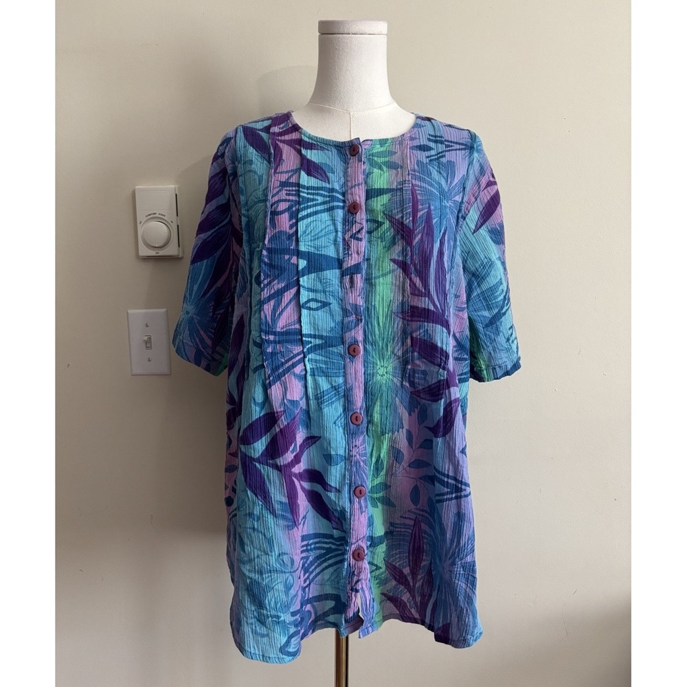 Phool Button Up Top Large 80s 90s Teal Green Purple Boho Hippie Fairy Batik Cute